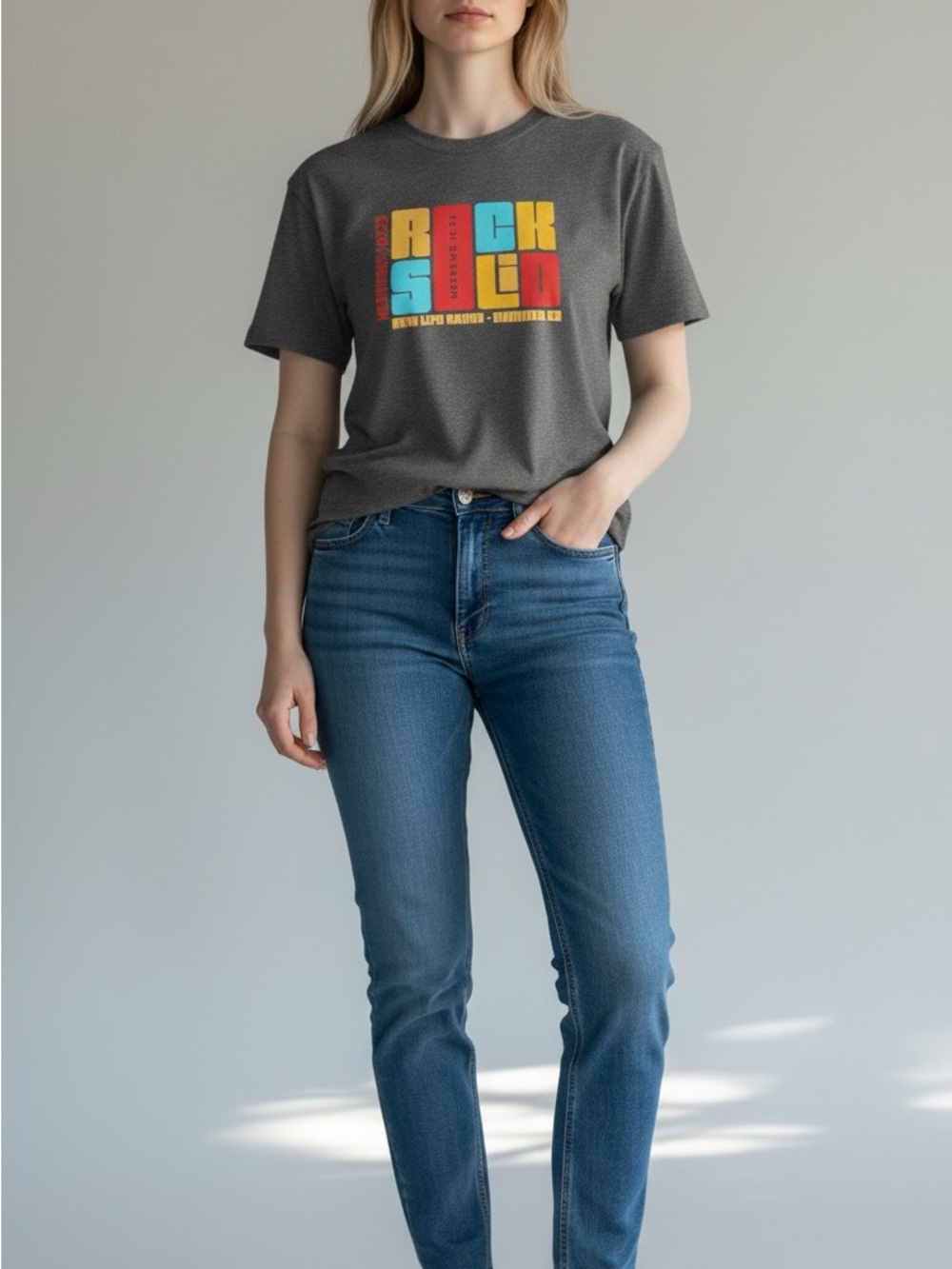 Tultex Gray New Life Ranch Short Sleeve Graphic Tee with Retro Color Block Print
